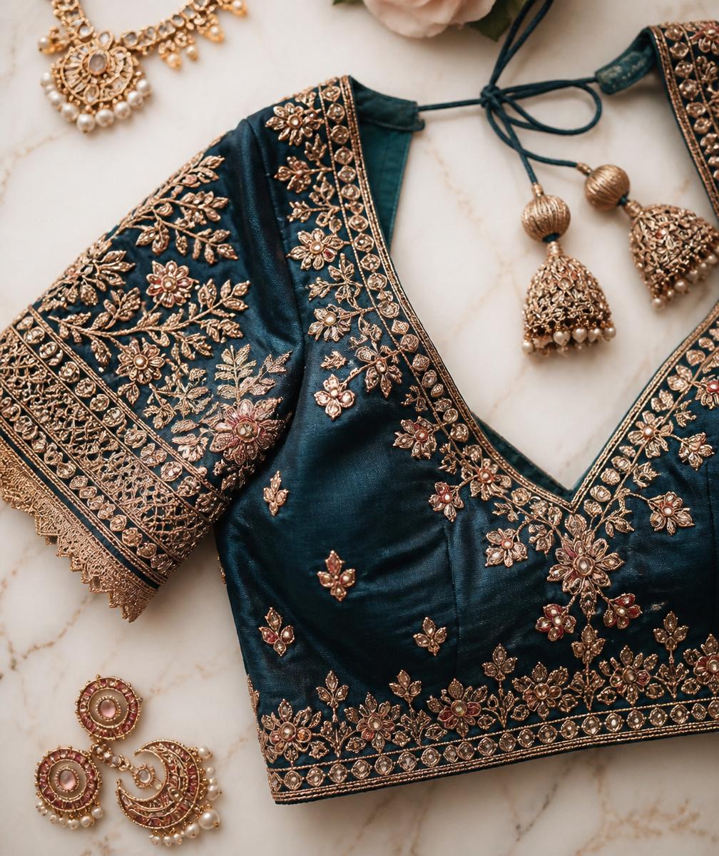 Embroidered designer blouse with jhumka earrings