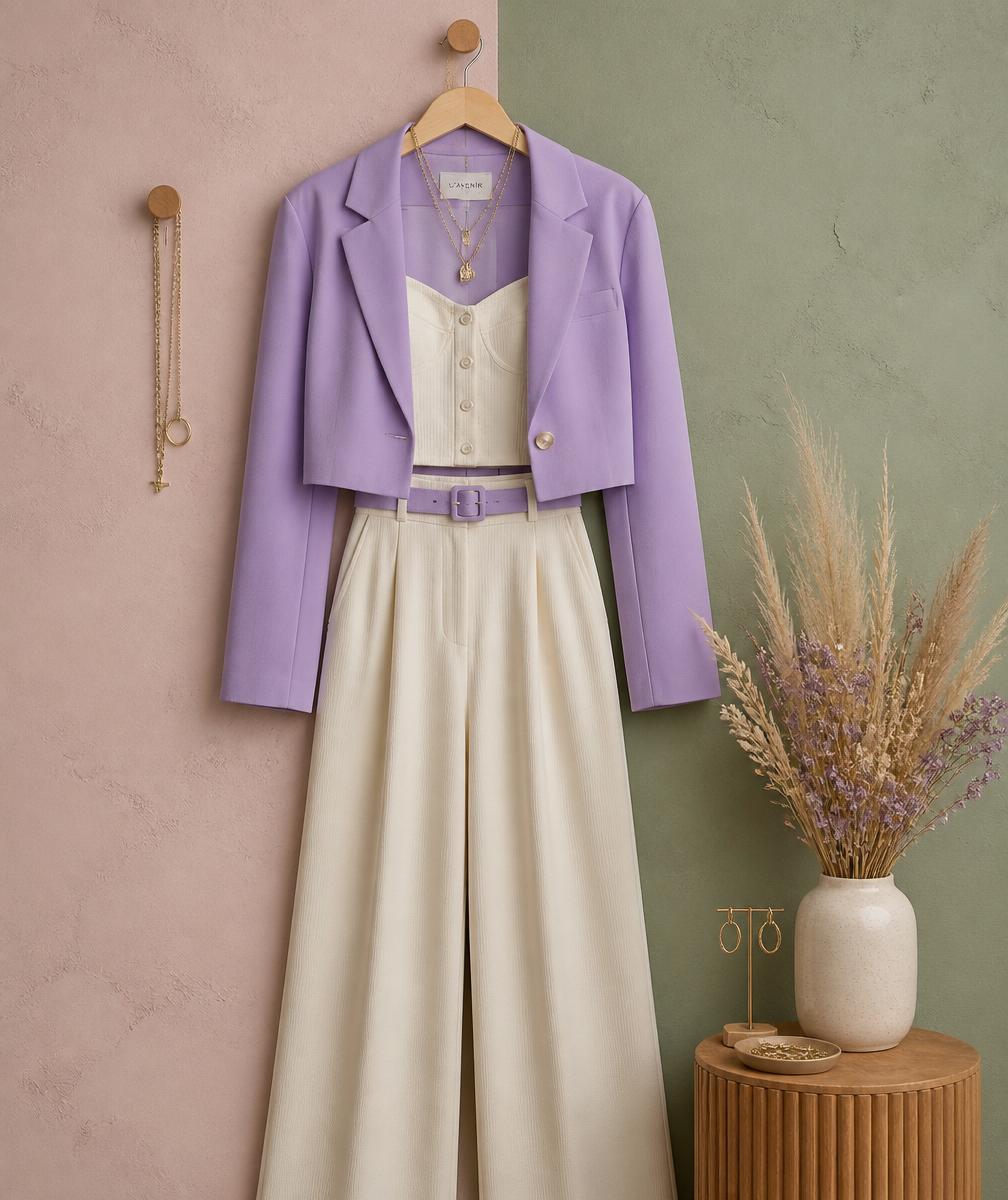 Lavender blazer with ivory wide-leg trousers