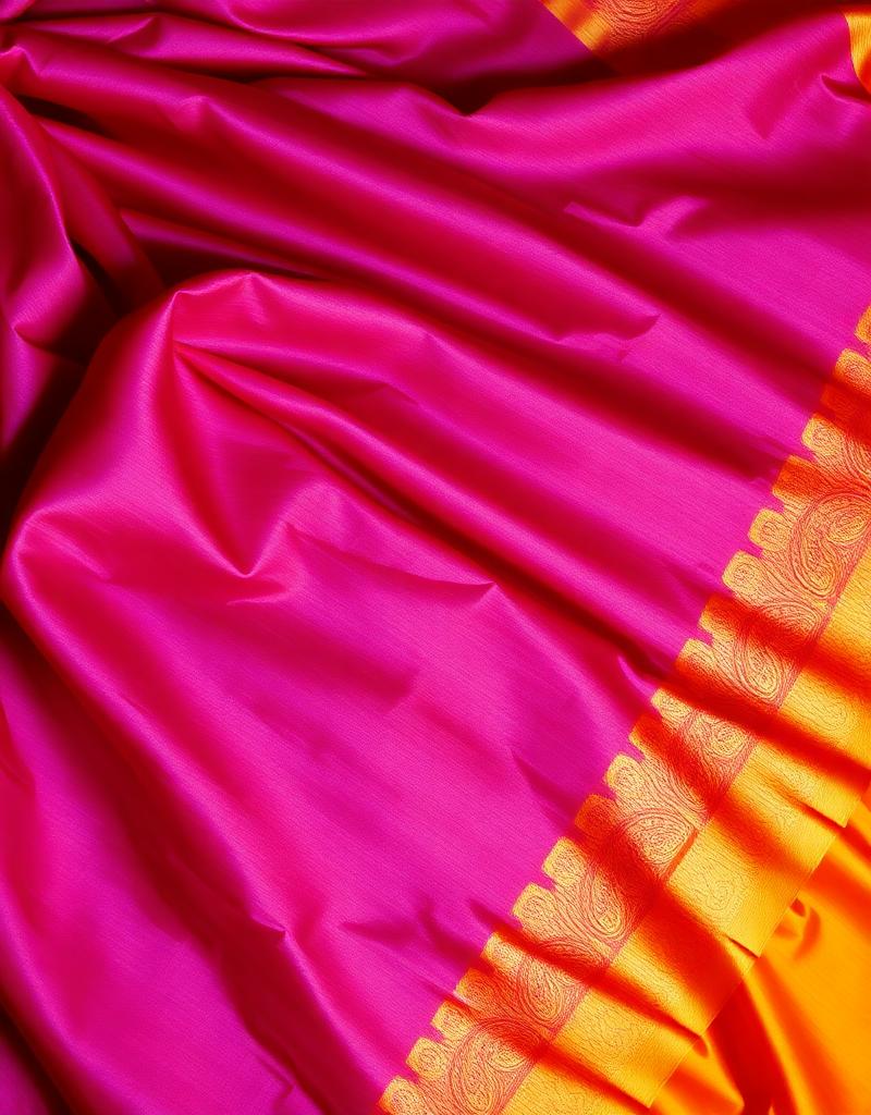 Vibrant silk saree fabric with gold zari border