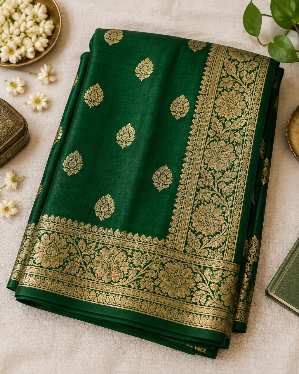 Emerald and gold silk saree photographed flat